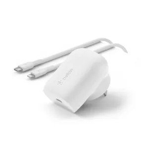 BELKIN 1 PORT BOOSTCHARGE 30W,USB-C PD, WALLCHARGER, INC USB-C TO LHTNING CABLE, WHITE