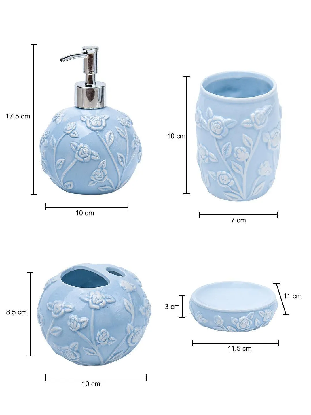 Blue Ceramic Bathroom Set Of 4 - Floral Design, Bath Accessories