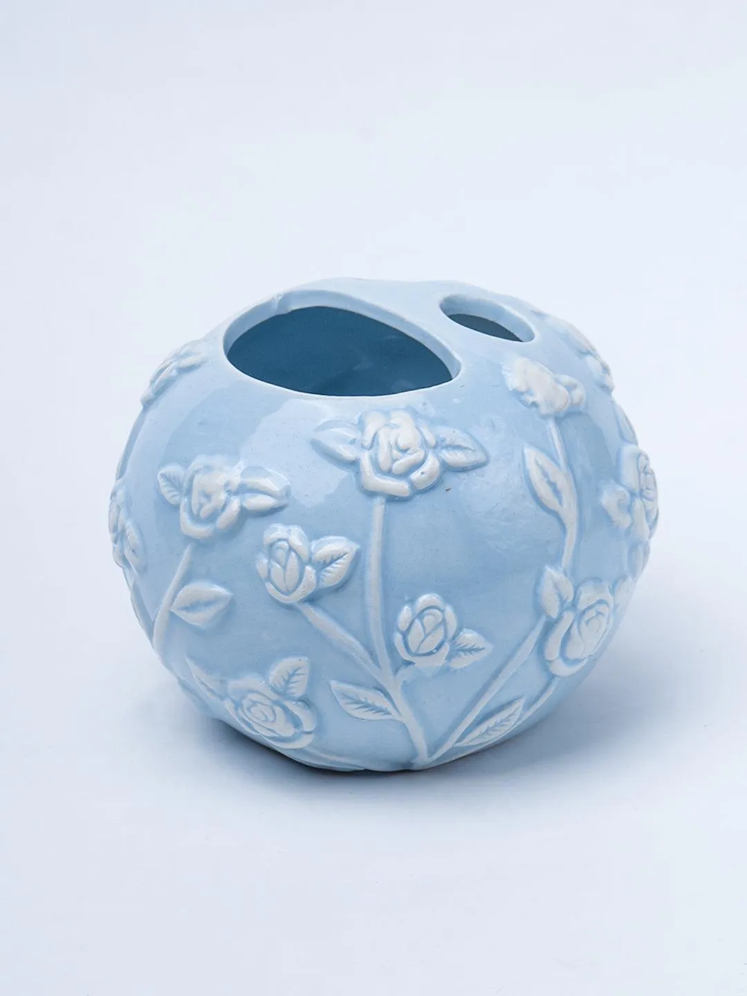 Blue Ceramic Bathroom Set Of 4 - Floral Design, Bath Accessories