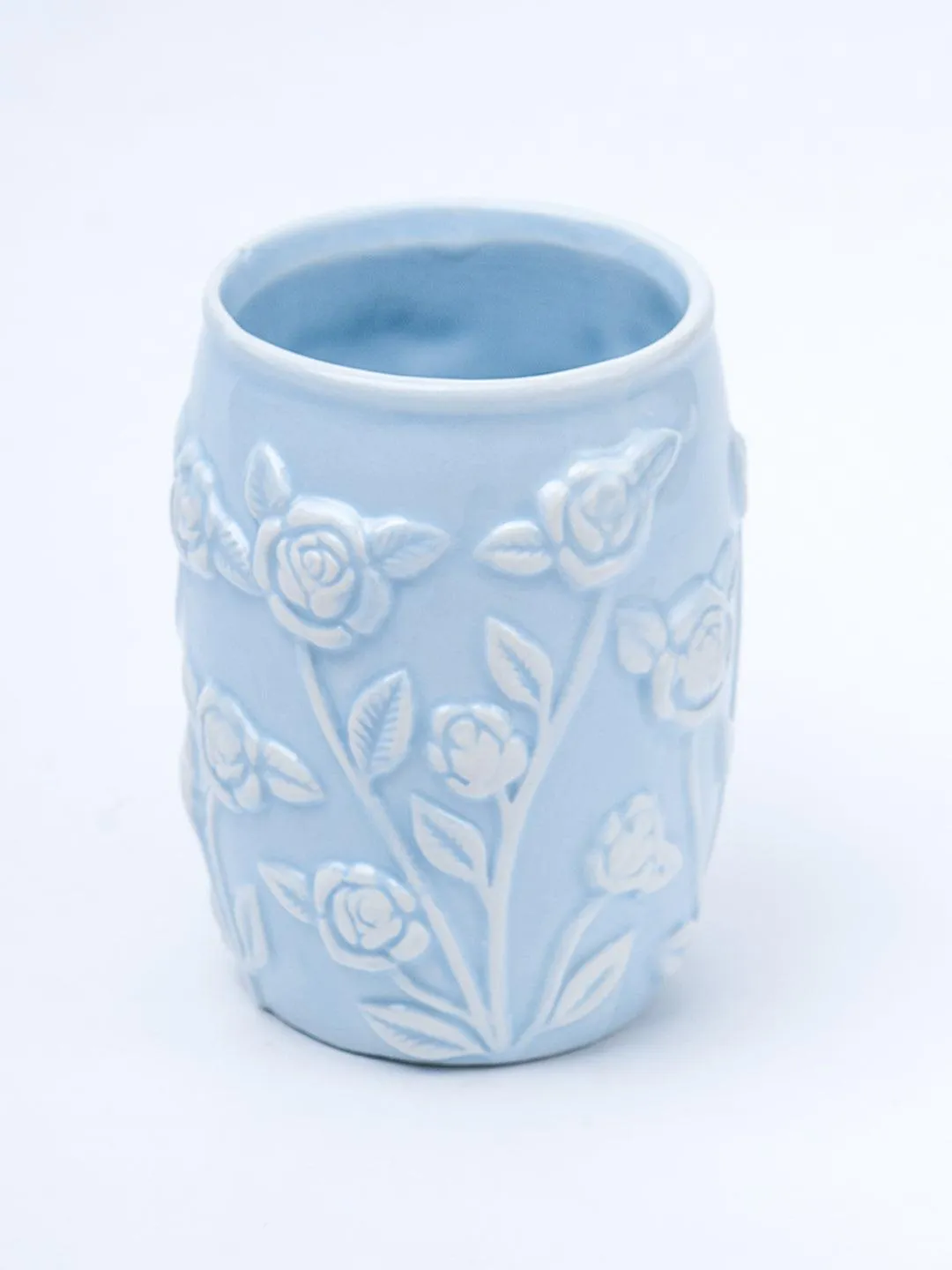 Blue Ceramic Bathroom Set Of 4 - Floral Design, Bath Accessories