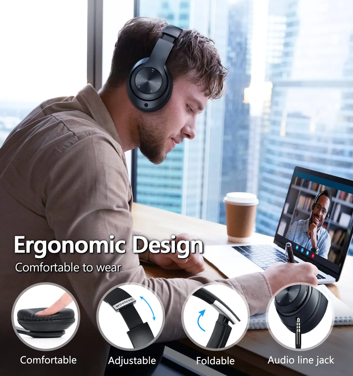 Bluetooth Headphones Over Ear, 60 Hours Playtime Foldable Headphones Wireless Bluetooth Hi-Fi Stereo Deep Bass with 6 EQ Modes, Adjustable Lightweight Headset with Microphone, FM, SD/TF for Adults