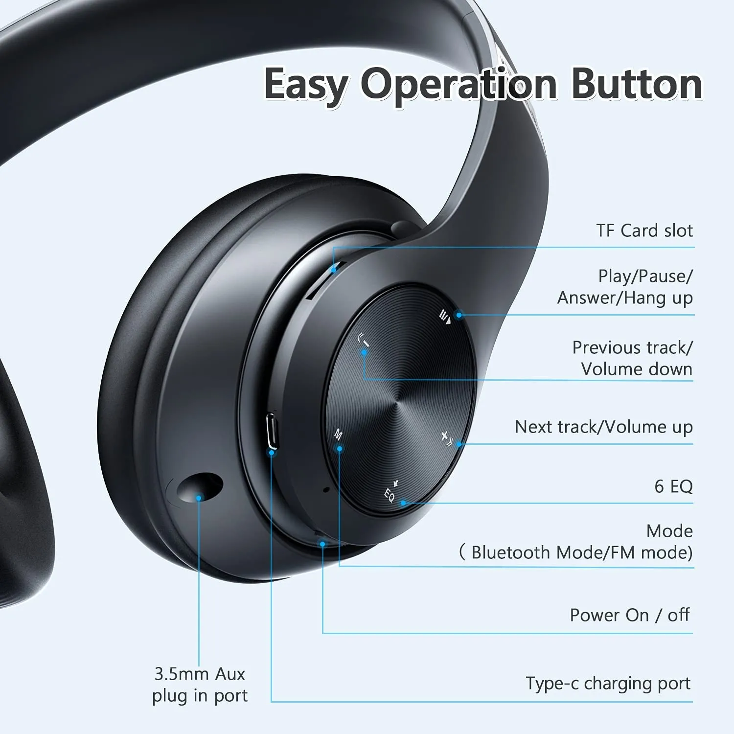 Bluetooth Headphones Over Ear, 60 Hours Playtime Foldable Headphones Wireless Bluetooth Hi-Fi Stereo Deep Bass with 6 EQ Modes, Adjustable Lightweight Headset with Microphone, FM, SD/TF for Adults