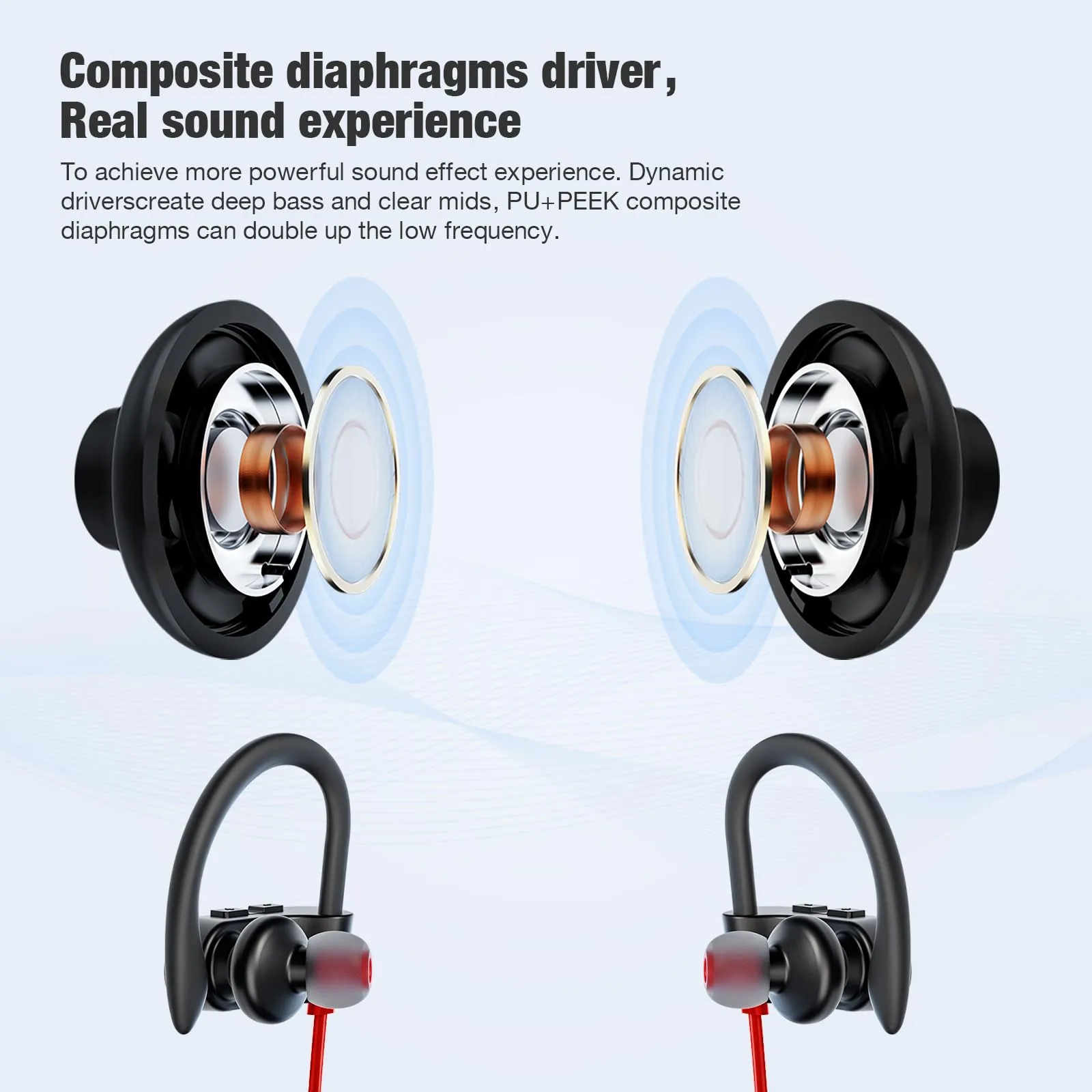 Bluetooth Headphones Wireless Earbuds 16H Playtime Wireless Headphones IPX7 Waterproof Bluetooth 5.3 Running Headphones with Mic Stereo In Ear Earphones Sound Isolation for Workout, Sports Red