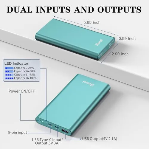 BONAI Portable Charger 12,000mAh 5V/3A Fast Charging Power Bank, Dural Input & Output Ports (USB-C in & Out) Portable Phone Charger for iPhone 15/14/13/12 Series Samsung Galxy Android iPad etc - Mint