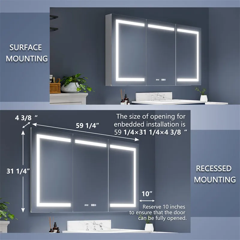 Boost-M2 60" W x 32" H LED Lighted Bathroom Medicine Cabinet with Mirror Recessed or Surface led Medicine Cabinet