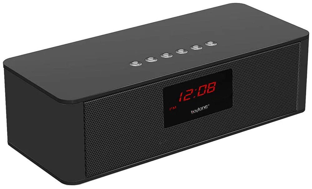 Boytone Portable Wireless Bluetooth FM Radio Alarm Clock Speaker with Built–in 8 Hour Rechargeable Battery, Mic, LED Display, USB & Micro SD Slot!