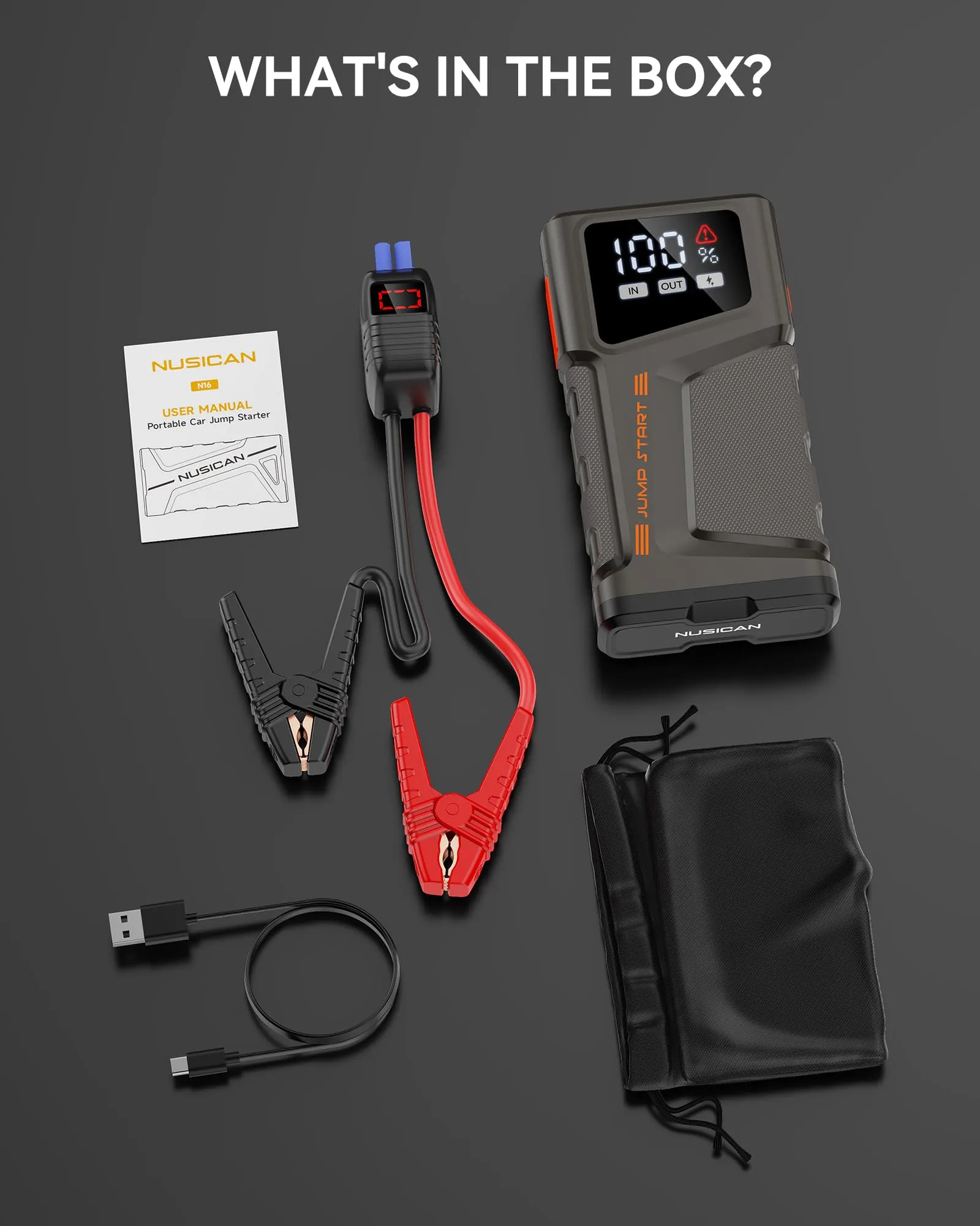 Car Battery Jump Starter, NUSICAN 2000A Portable Car Jump Starter Battery Pack (Up to 7.5L Gas/5.5L Diesel Engine) 12V 18000mAh Jump Box with Jumper Cables, Large LCD Display, Fast Charge, Lights