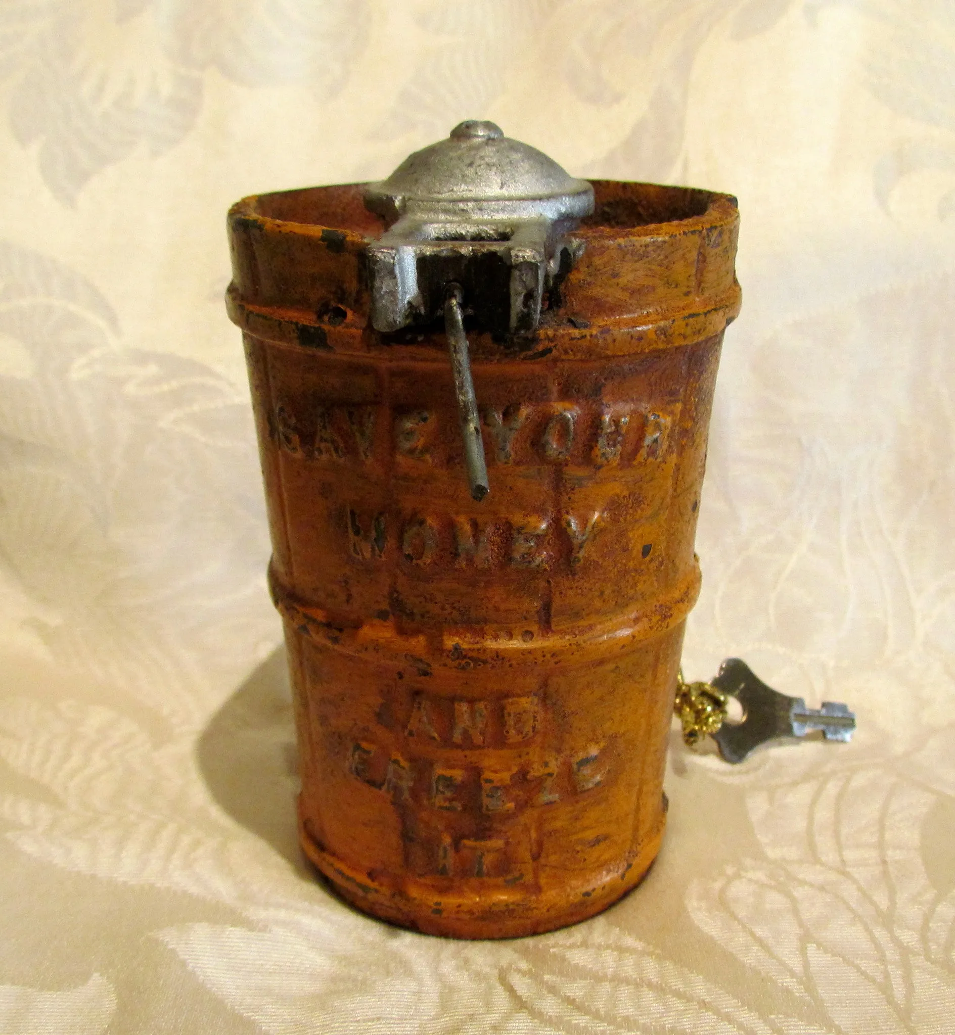 Cast Iron Coin Bank Antique Ice Cream Churn Freeze It Bank With Key 1875 Patent Date