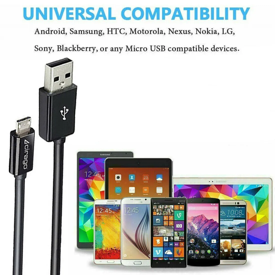 Cirago Universal 6ft USB to Micro USB Male Data Sync/Charging Cable for Samsung