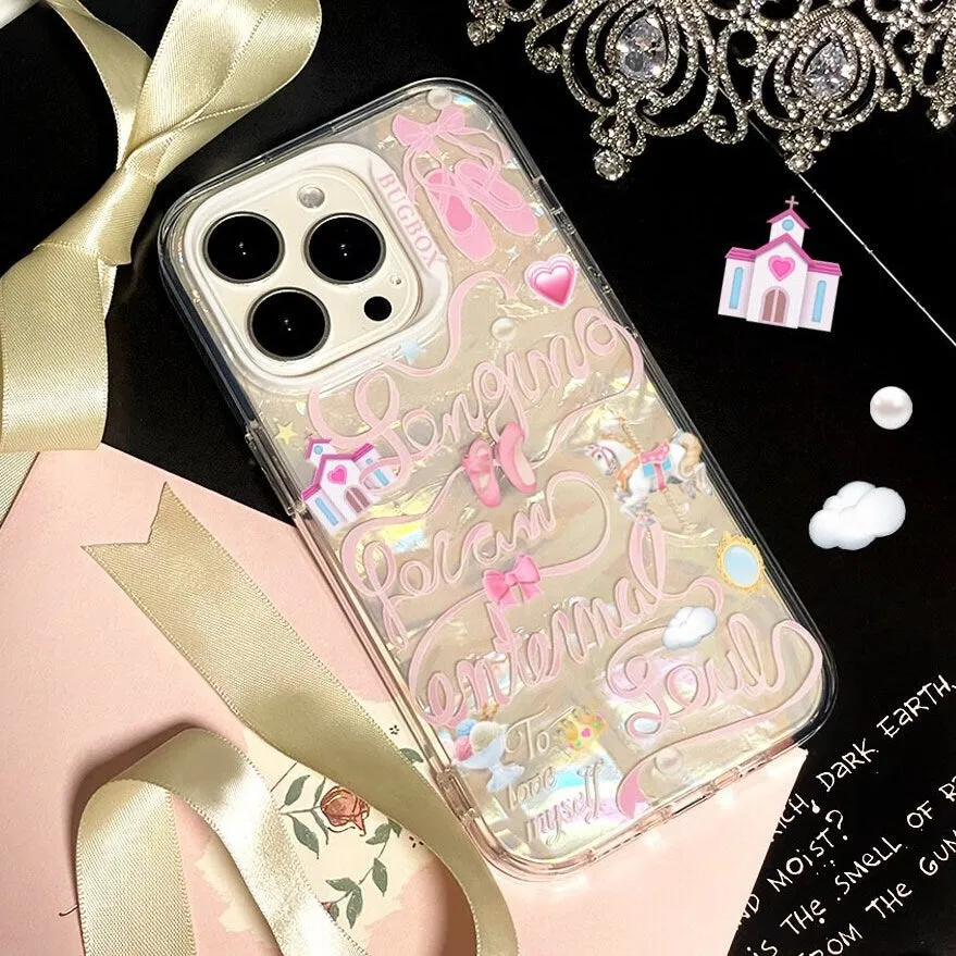 Cute Kawaii Princess Clear Holographic Cursive Writings Design Protective Shockproof iPhone Case for iPhone 11 12 13 14 15 Pro Max Case