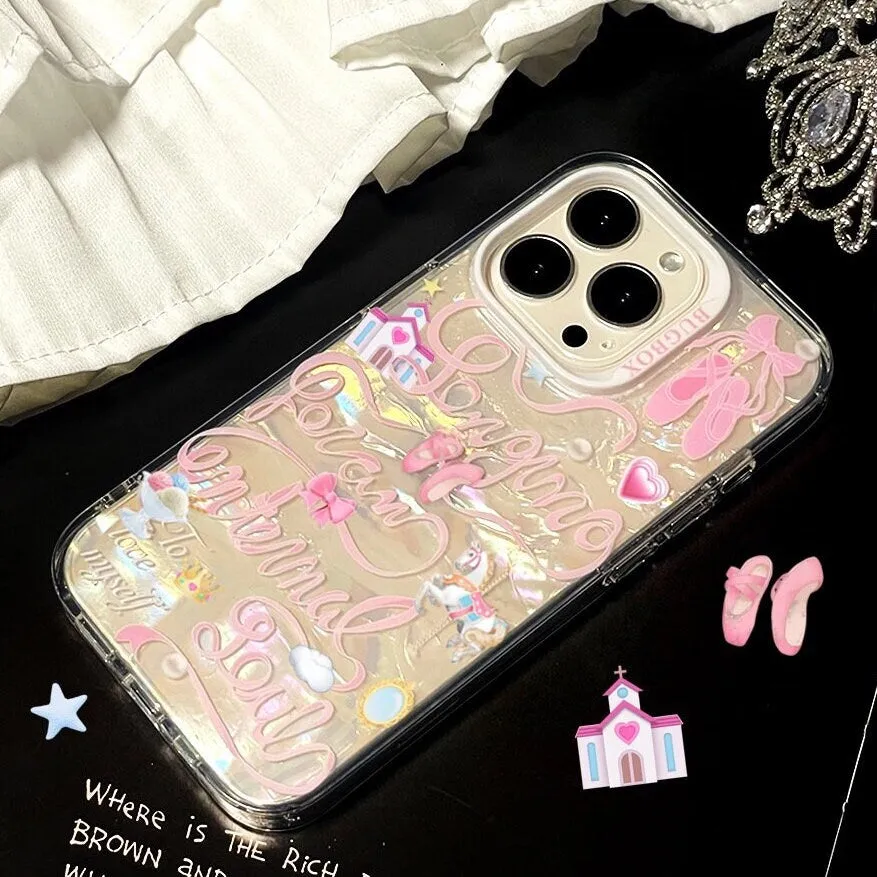 Cute Kawaii Princess Clear Holographic Cursive Writings Design Protective Shockproof iPhone Case for iPhone 11 12 13 14 15 Pro Max Case