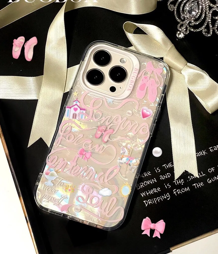 Cute Kawaii Princess Clear Holographic Cursive Writings Design Protective Shockproof iPhone Case for iPhone 11 12 13 14 15 Pro Max Case