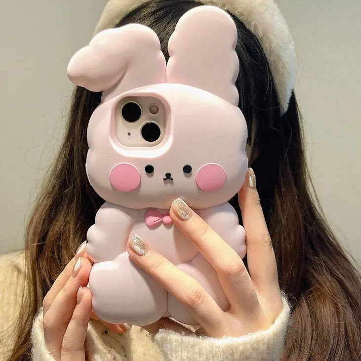 Cute Matte 3D Pink Bunny Rabbit Design   Pink Strap Thick Bulky Protective Shockproof iPhone Case for iPhone 11 12 13 14 15 Pro Max Case