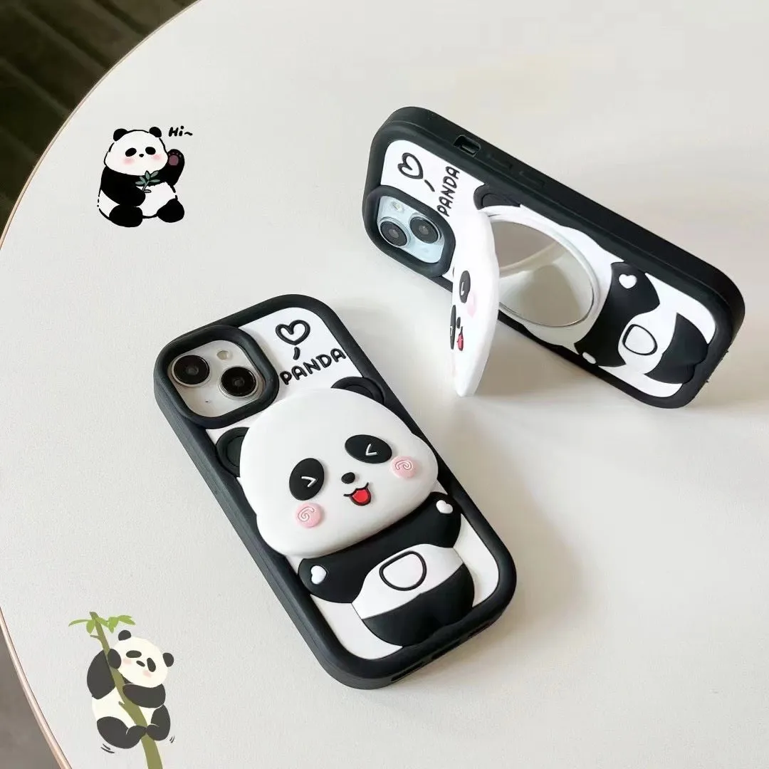 Cute Panda With Mirror Stand Silicon Phone Case For iPhone 16 Pro