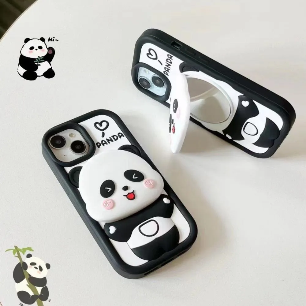 Cute Panda With Mirror Stand Silicon Phone Case For iPhone 16 Pro