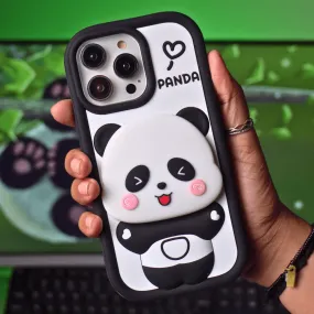 Cute Panda With Mirror Stand Silicon Phone Case For iPhone 16 Pro