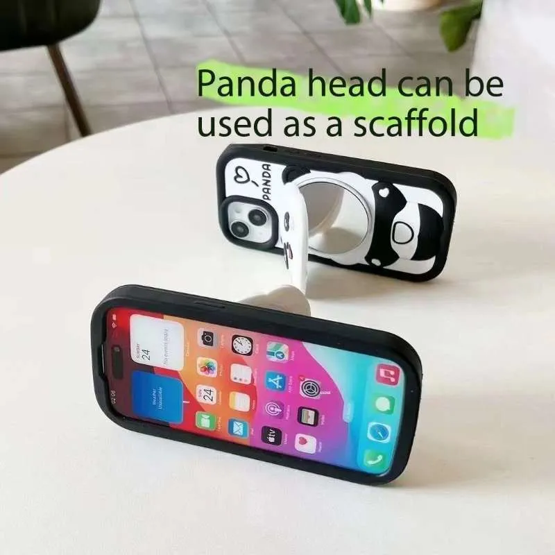 Cute Panda With Mirror Stand Silicon Phone Case For iPhone 16 Pro