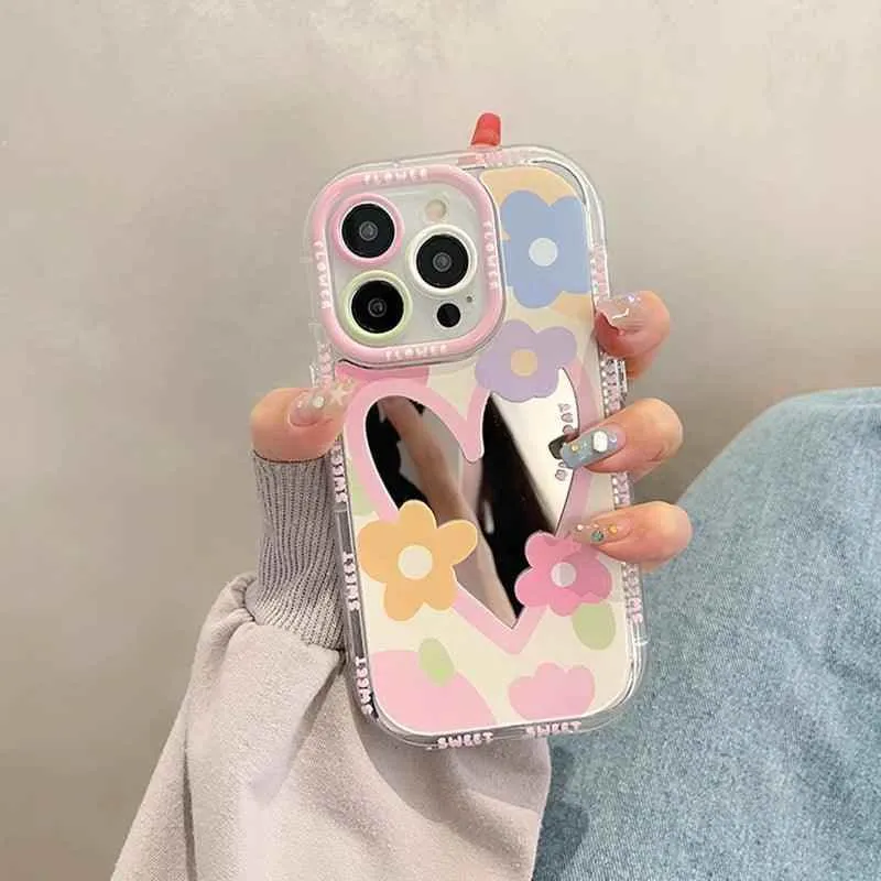 Cute Phone Cases for iPhone 14, 13, 12, 11, and 15 Pro Max - Sweet Flowers - Heart Mirror Cover - TSP55