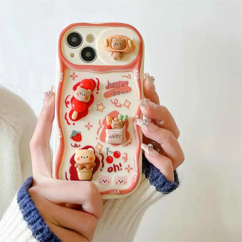 Cute Phone Cases for iPhone 15, 13, 14 Pro Max, 14, 15 Plus, 11 -  3D Bear Pig Pattern - Push-Pull Wavy Cover - TSP357