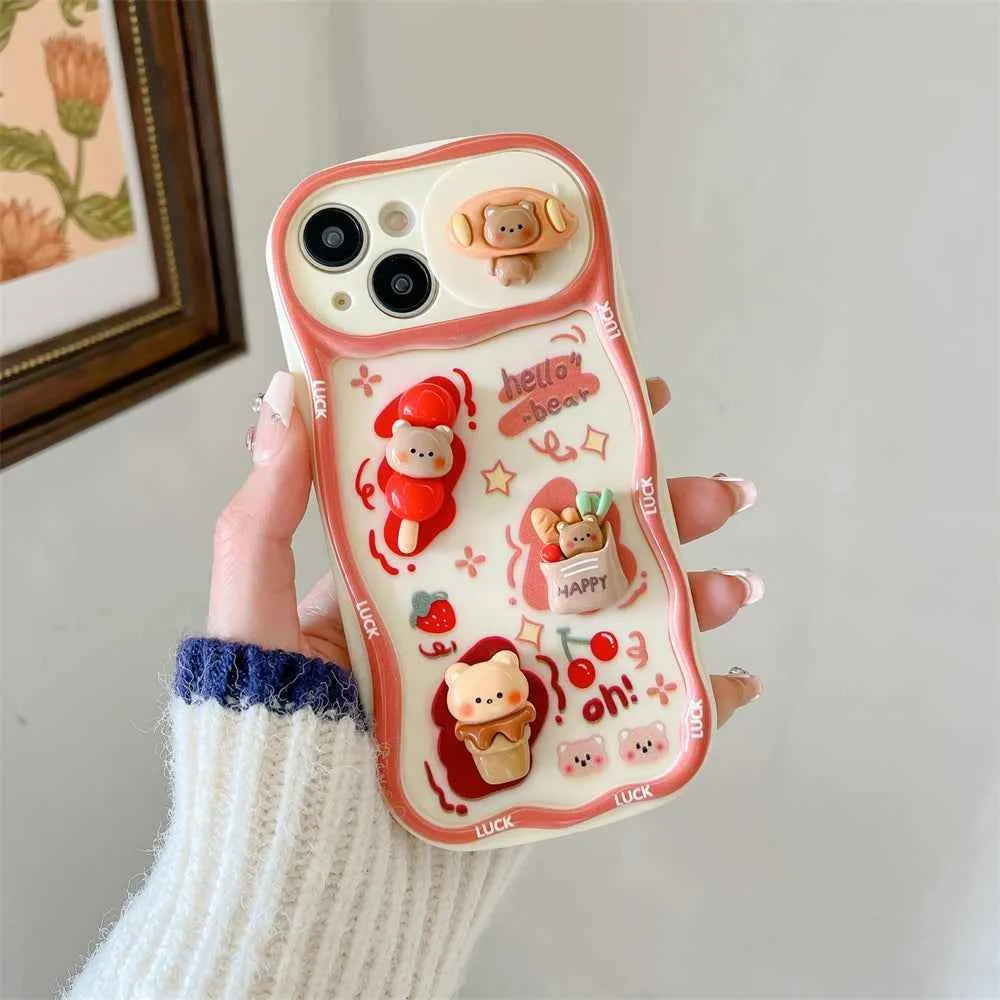 Cute Phone Cases for iPhone 15, 13, 14 Pro Max, 14, 15 Plus, 11 -  3D Bear Pig Pattern - Push-Pull Wavy Cover - TSP357