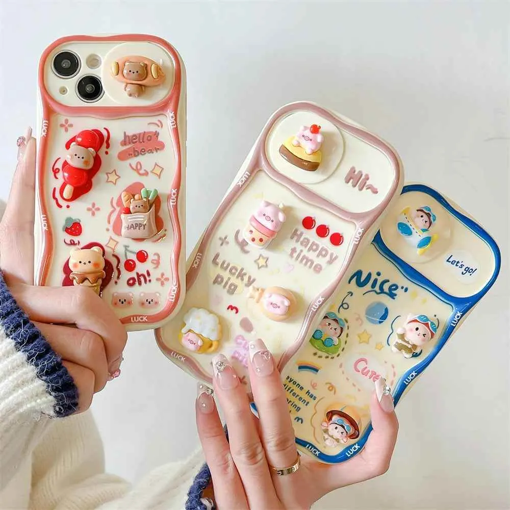 Cute Phone Cases for iPhone 15, 13, 14 Pro Max, 14, 15 Plus, 11 -  3D Bear Pig Pattern - Push-Pull Wavy Cover - TSP357