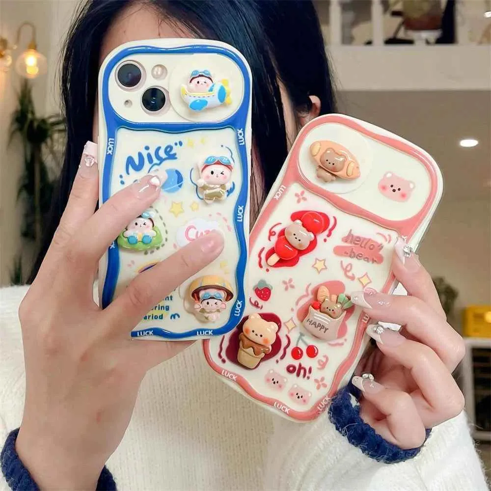 Cute Phone Cases for iPhone 15, 13, 14 Pro Max, 14, 15 Plus, 11 -  3D Bear Pig Pattern - Push-Pull Wavy Cover - TSP357