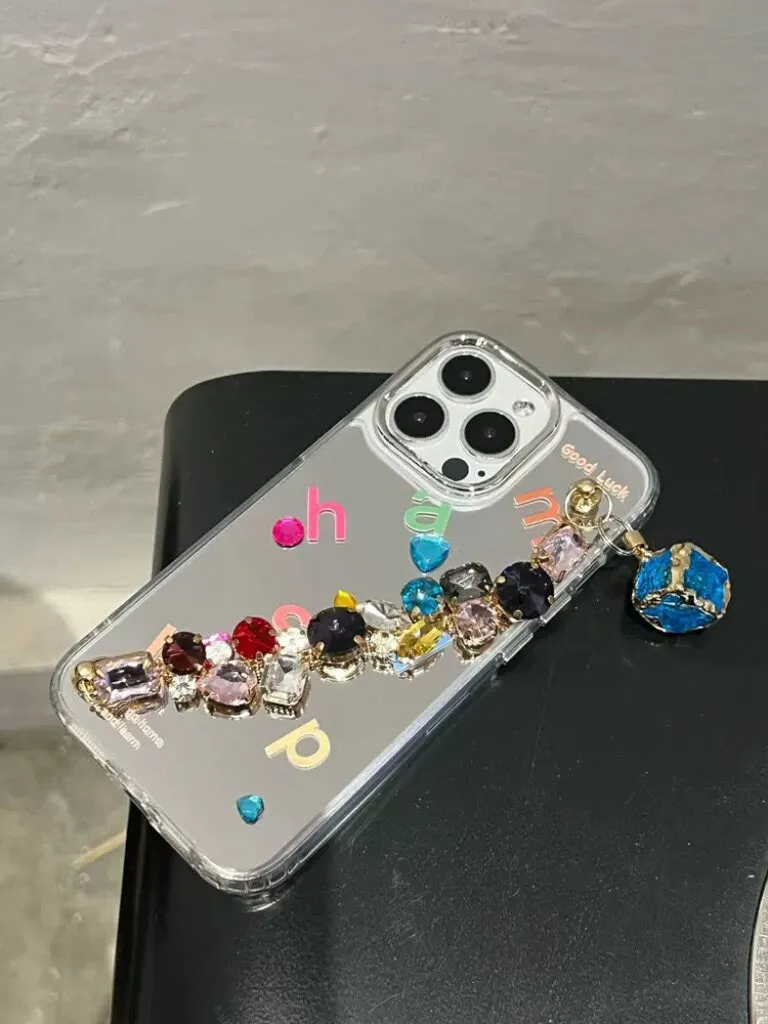 Cute Silver Mirror Gem Studs Colorful Alphabets Print Design Protective Phone Case   Gem Chain Strap for iPhone 11 12 13 14 15 Pro Max Case