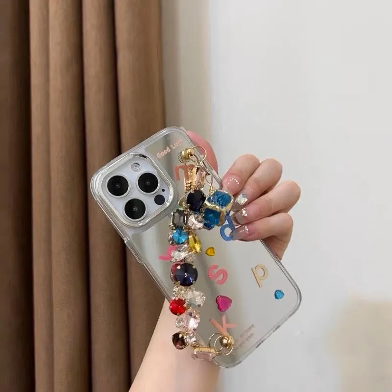 Cute Silver Mirror Gem Studs Colorful Alphabets Print Design Protective Phone Case   Gem Chain Strap for iPhone 11 12 13 14 15 Pro Max Case