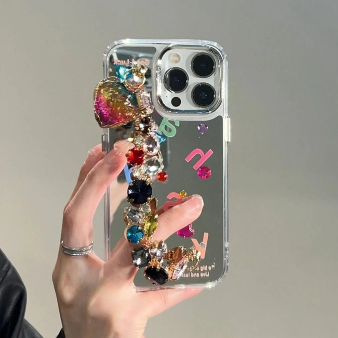 Cute Silver Mirror Gem Studs Colorful Alphabets Print Design Protective Phone Case   Gem Chain Strap for iPhone 11 12 13 14 15 Pro Max Case