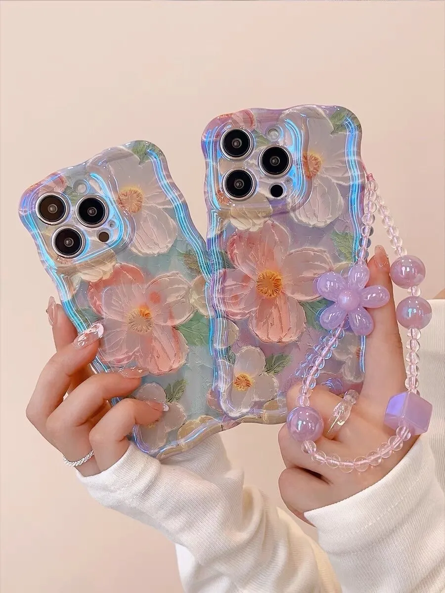 Cute Trendy Blue Ray Purple Oil Painting Flowers Design   Hand Strap Protective Shockproof Phone Case for iPhone 11 12 13 14 15 Pro Max Case