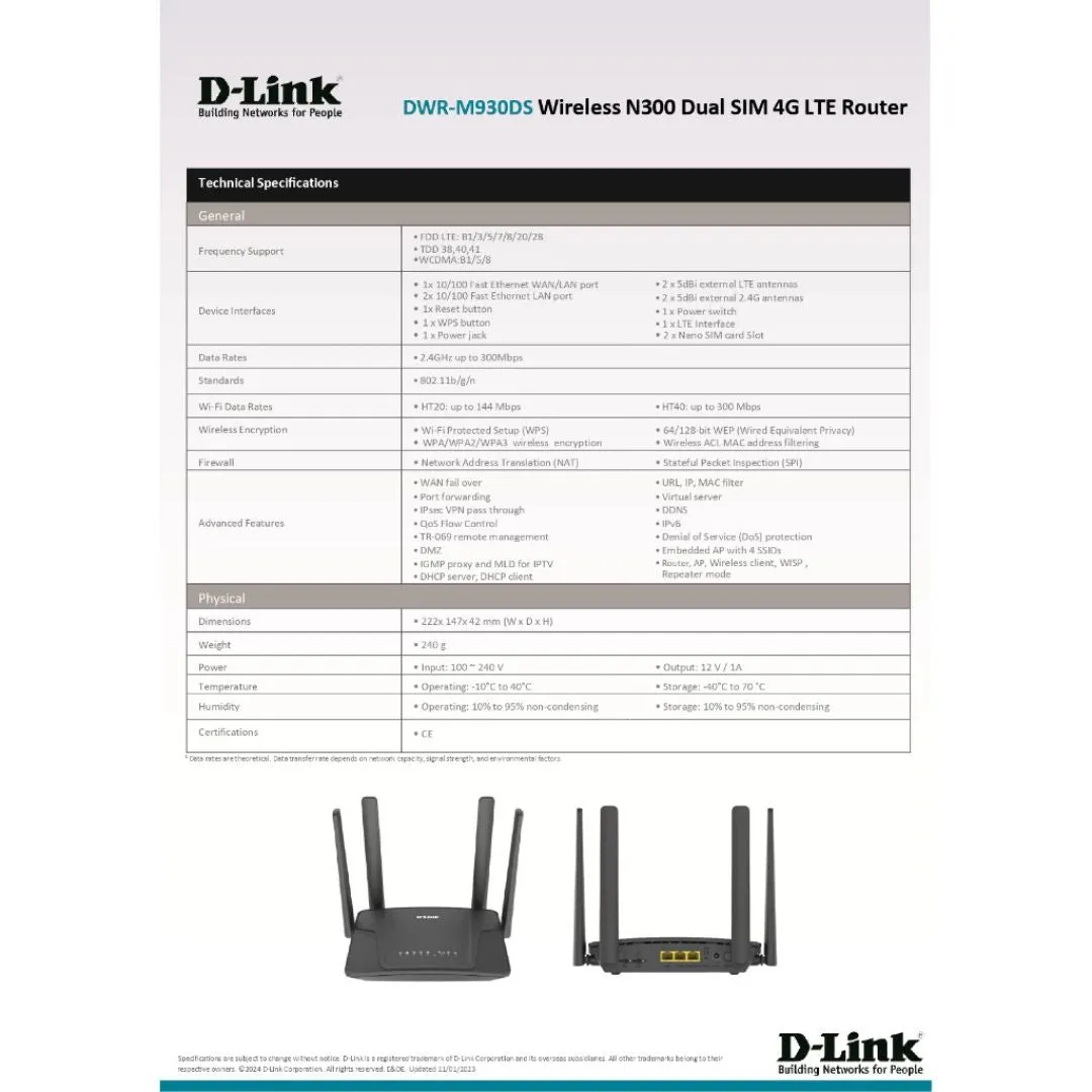 D-LINK DWR-M930DS Dual Sim Card Unlimited For All Plan & Telco Hotspot N300 4G LTE Direct Modem Wireless WiFi Router