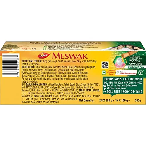 Dabur Meswak Complete Oral Care Toothpaste - 500g (2 x 200g   1 x100g) | Complete Oral & Gum Care Toothpaste | Contains Pure & Rare Miswak extract | No added Fluoride, Paraben, Triclosan & Formalin