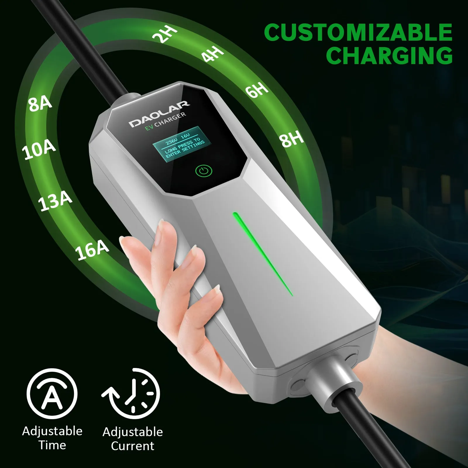 Daolar Portable Level 2 EV Charger (240V, 16A) with 25ft Charging Cable and NEMA 6-20 Plug NEMA 5-15P Adapter for SAE-J1772 Electric Vehicles Current Adjustable and Reservation Charging Function