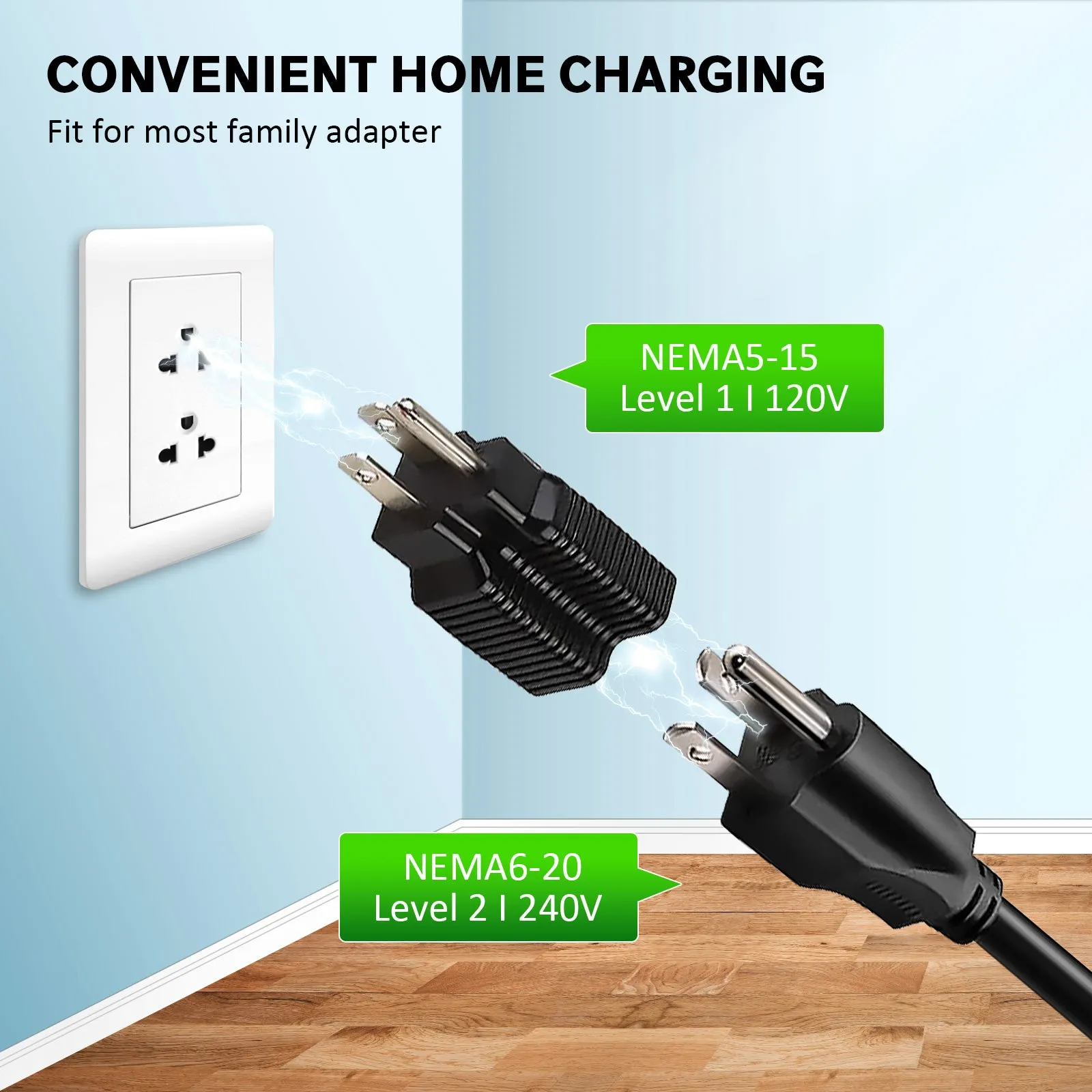 Daolar Portable Level 2 EV Charger (240V, 16A) with 25ft Charging Cable and NEMA 6-20 Plug NEMA 5-15P Adapter for SAE-J1772 Electric Vehicles Current Adjustable and Reservation Charging Function