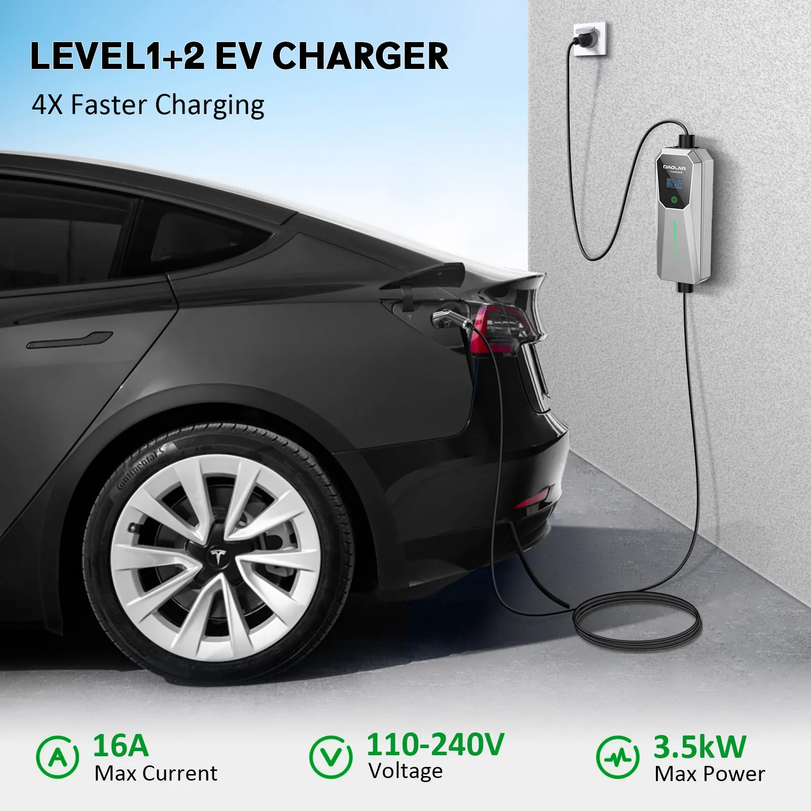 Daolar Portable Level 2 EV Charger (240V, 16A) with 25ft Charging Cable and NEMA 6-20 Plug NEMA 5-15P Adapter for SAE-J1772 Electric Vehicles Current Adjustable and Reservation Charging Function