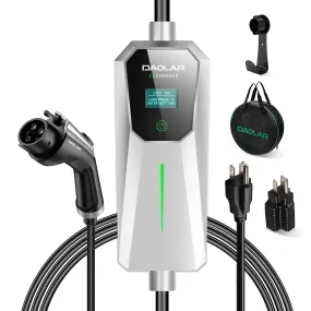 Daolar Portable Level 2 EV Charger (240V, 16A) with 25ft Charging Cable and NEMA 6-20 Plug NEMA 5-15P Adapter for SAE-J1772 Electric Vehicles Current Adjustable and Reservation Charging Function