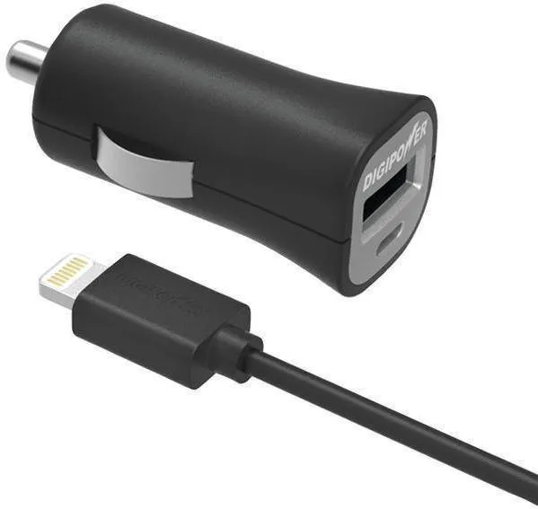 DIGIPOWER IS-PC2L InstaSense 2.4-Amp Single-USB Car Charger with 5ft Lightning Cable