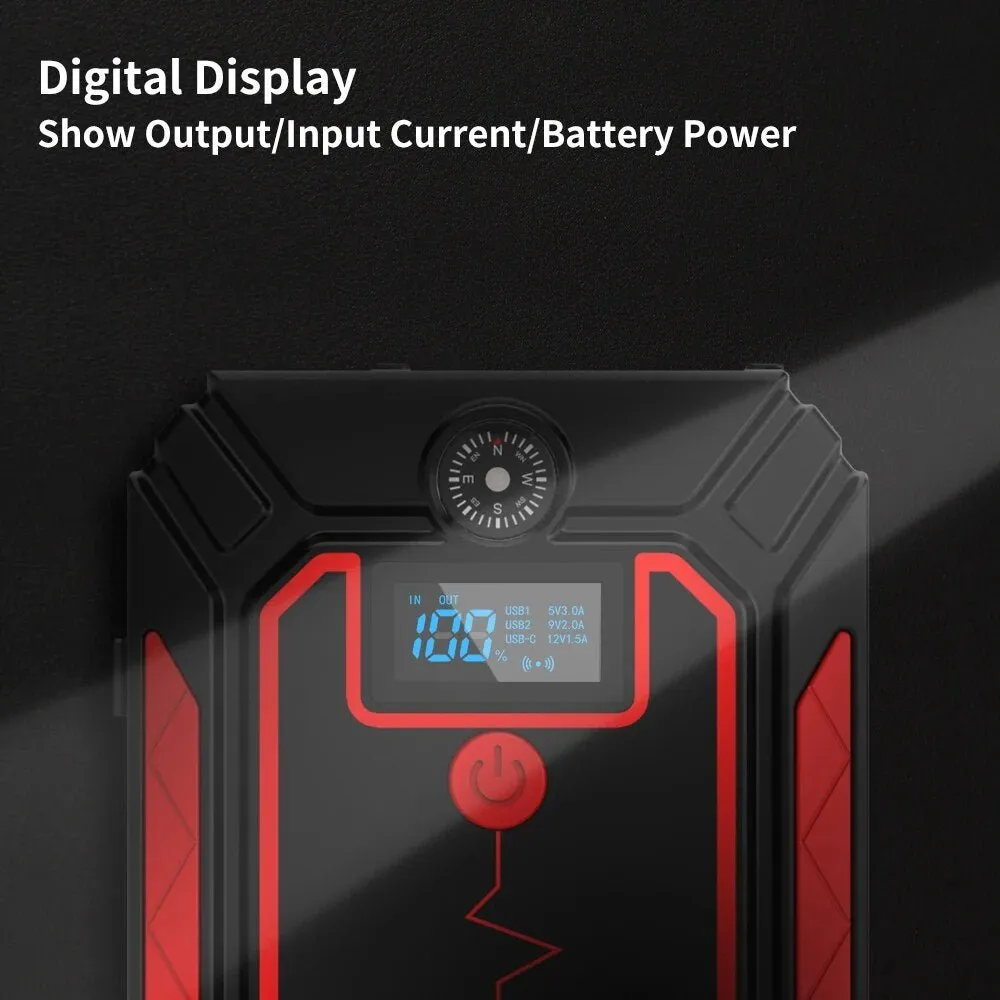 Digital Car Jump Starter - 10W Wireless Charging LCD Screen Portable Battery Jump Starter Box