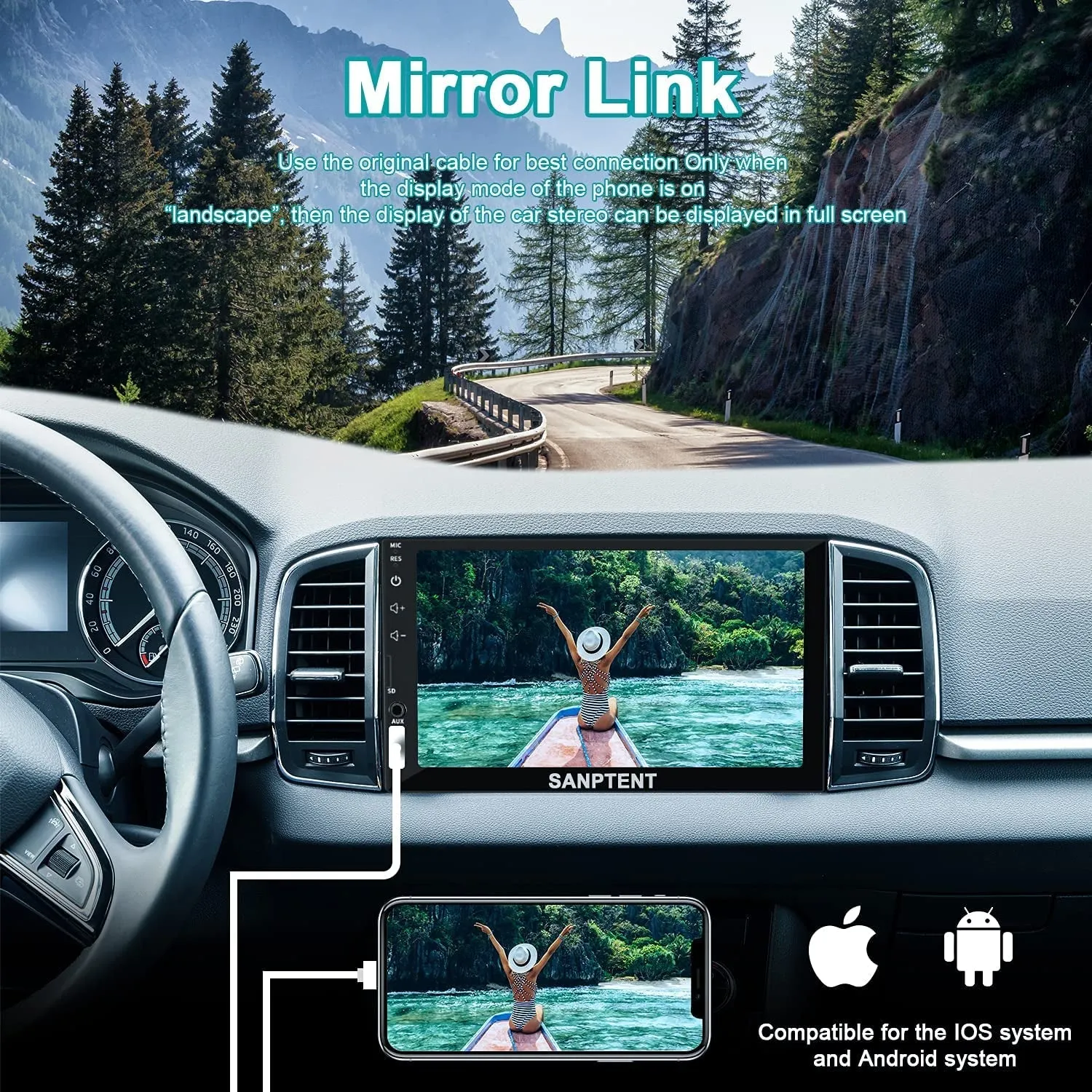 Double Din Car Stereo Radio Audio Receiver Compatible with Apple Carplay, Android Auto, Mirror Link, 7 Inch Full Touchscreen Car Stereo, Backup Camera, Bluetooth, USB/TF/AUX Port, A/V Input, FM/AM