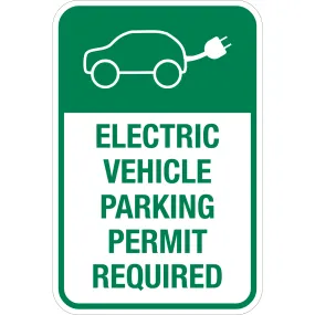 Electric Vehicle Parking Permit Required Sign Green Text on White Background