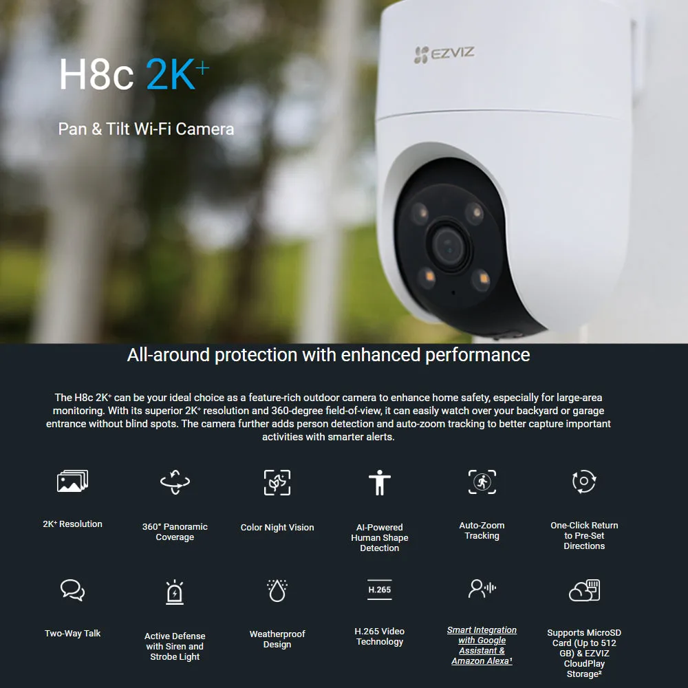 Ezviz H8C 1080P/ H8C 2K⁺ 1440P 4MP Pan & Tilt Rotate 360° Outdoor Smart Color Night Vision, Two Way Talk Wi-Fi Camera