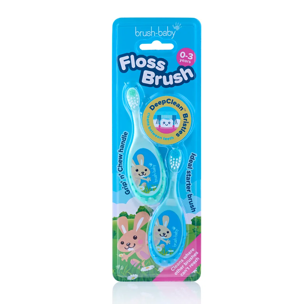 FlossBrush™ Baby Bristles Toothbrush (0-3 Years) Double Pack Blue & Teal With Applemint Baby Toothpaste