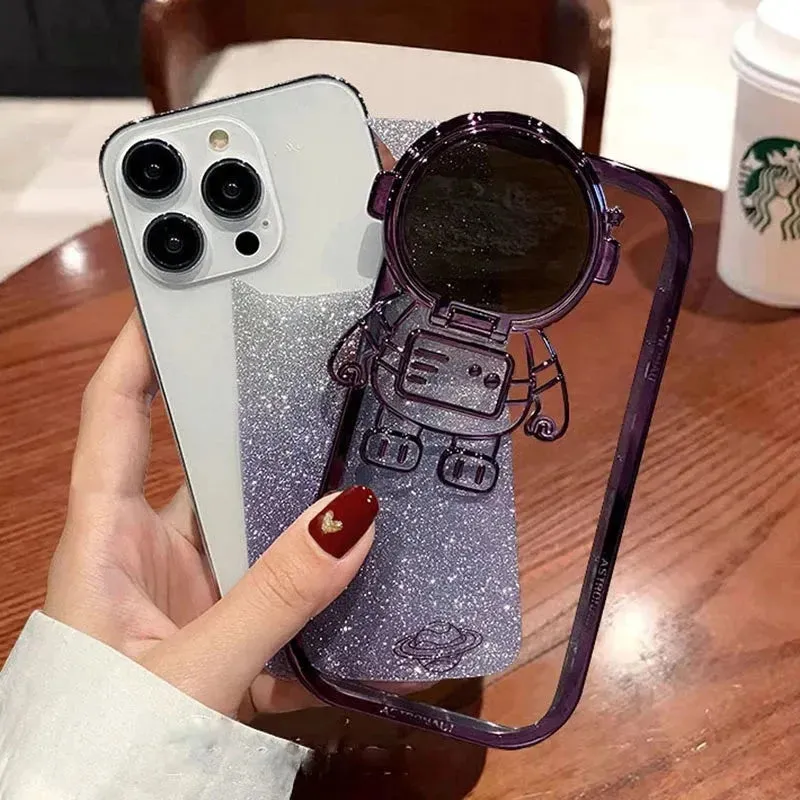 Glitter Astronaut Camera Stand Phone Case Invisible Lens Soft Cover