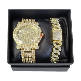 Gold Men's Fashion Design Watch and Bracelet Gift Set Diamond Stone