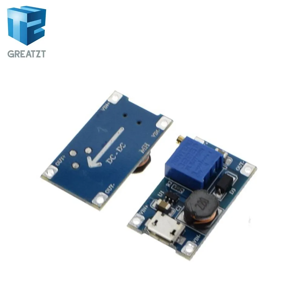 GREATZT 1PCS MT3608 DC-DC Adjustable Boost Module 2A Boost Plate Step Up Module with MICRO USB 2V-24V to 5V 9V 12V 28V