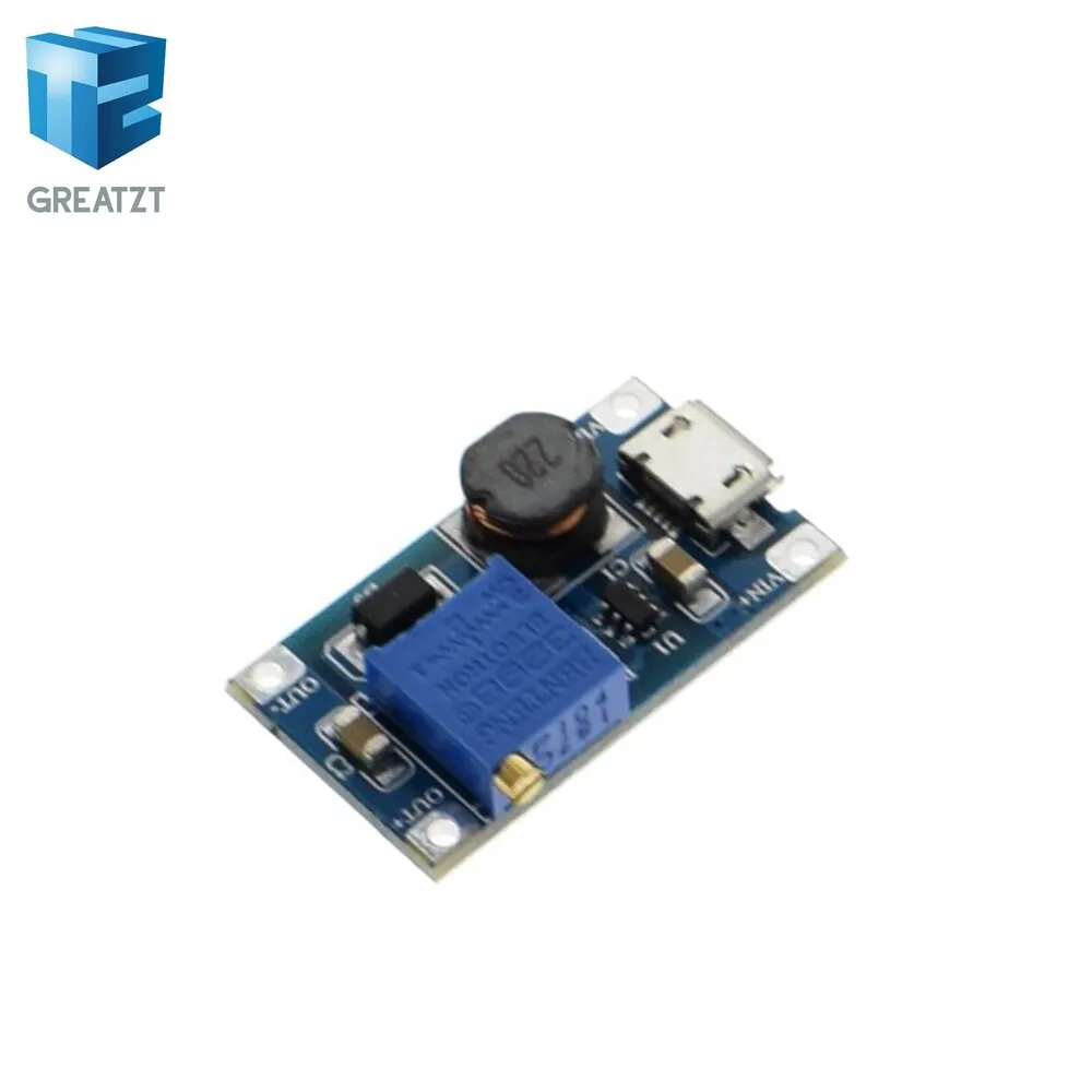 GREATZT 1PCS MT3608 DC-DC Adjustable Boost Module 2A Boost Plate Step Up Module with MICRO USB 2V-24V to 5V 9V 12V 28V