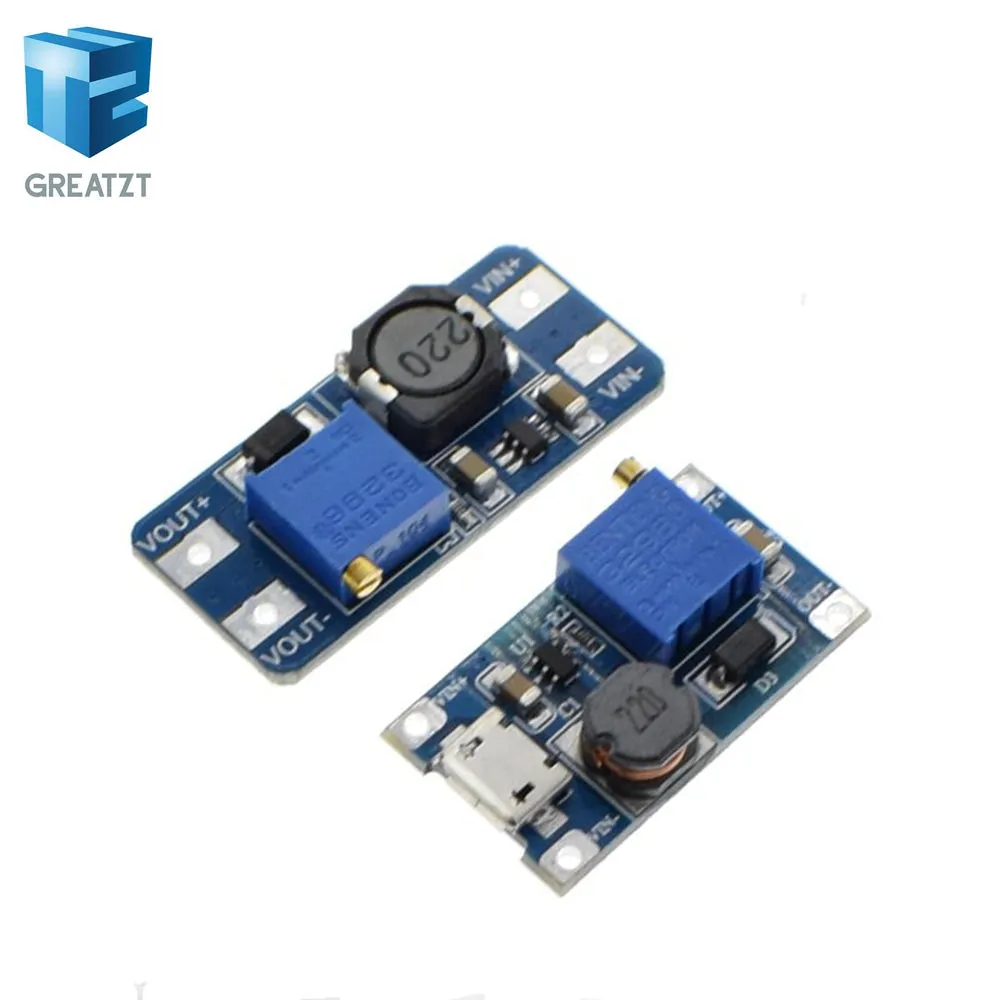 GREATZT 1PCS MT3608 DC-DC Adjustable Boost Module 2A Boost Plate Step Up Module with MICRO USB 2V-24V to 5V 9V 12V 28V