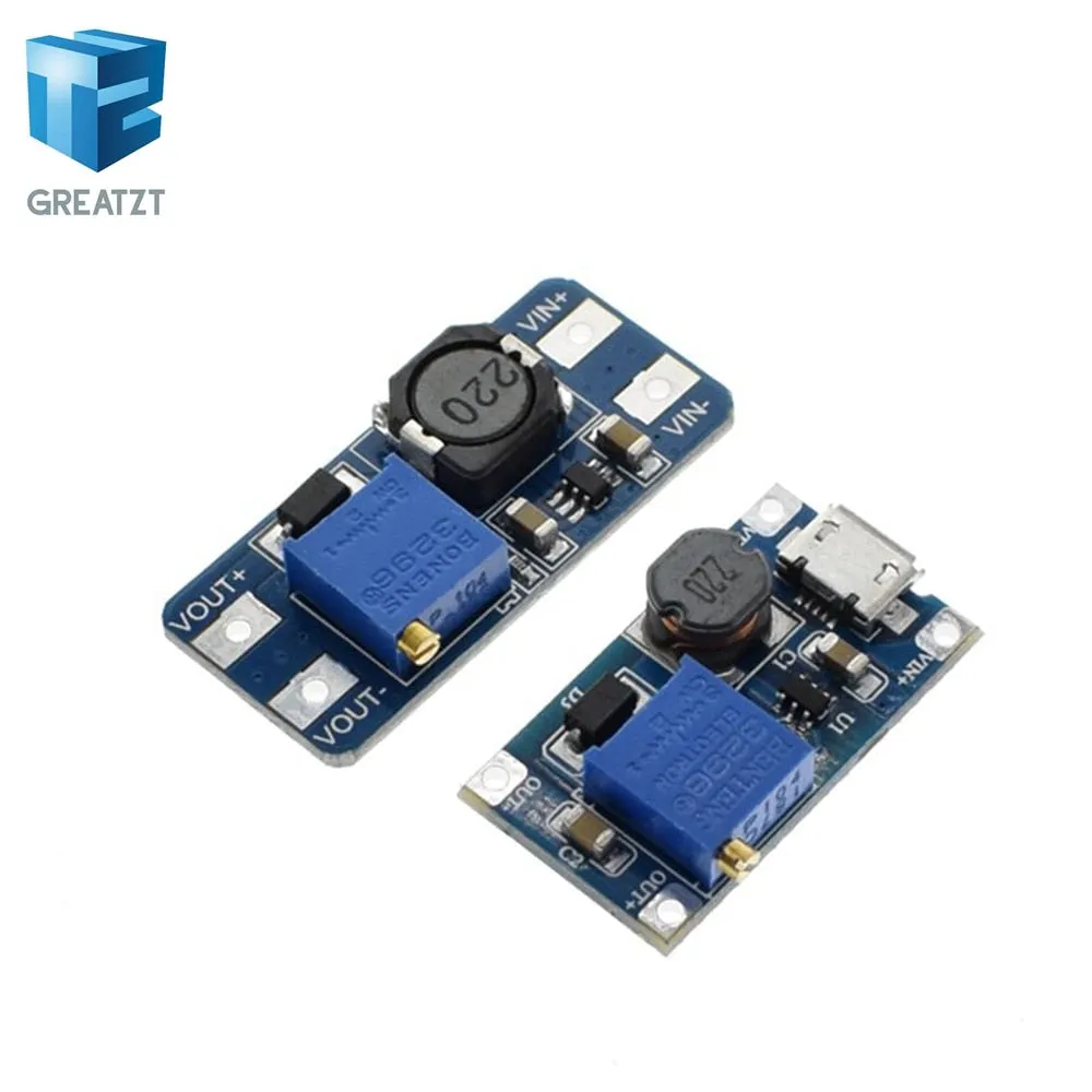 GREATZT 1PCS MT3608 DC-DC Adjustable Boost Module 2A Boost Plate Step Up Module with MICRO USB 2V-24V to 5V 9V 12V 28V