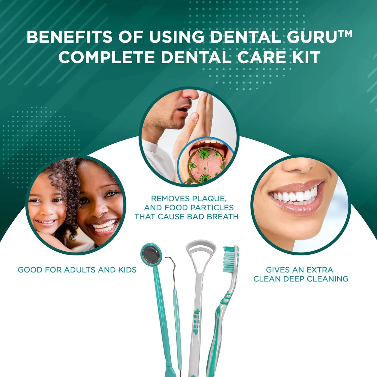 GuruNanda Dental Guru Dental Tools - Complete Dental Care Kit with Toothbrush, Dental Mirror, Tongue Cleaner & Dental Pick - Set of 4 Oral Care and Teeth Cleaner, White