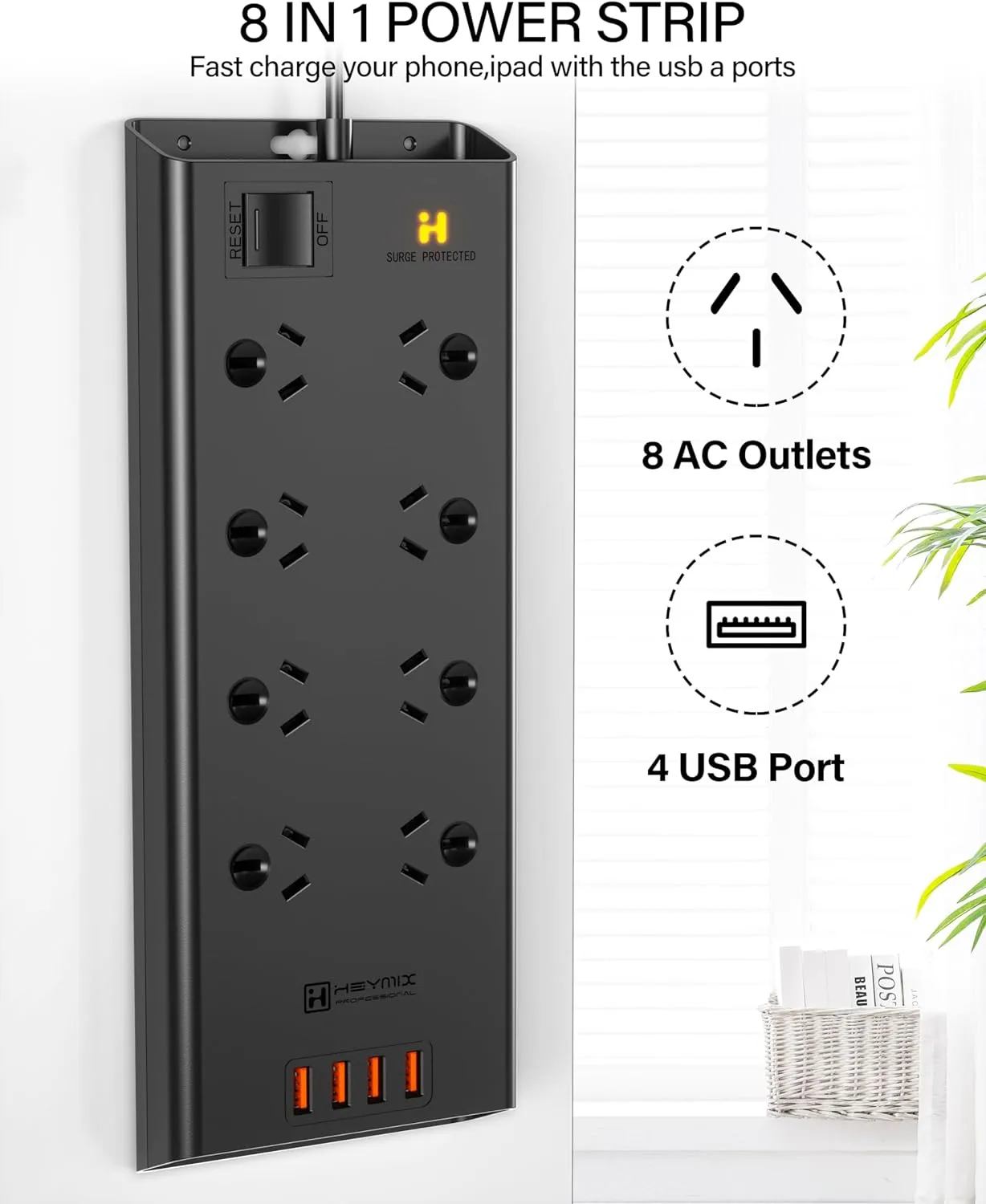 HEYMIX 8 Outlet Powerboard with 4 USB Charging Ports and Surge Protector